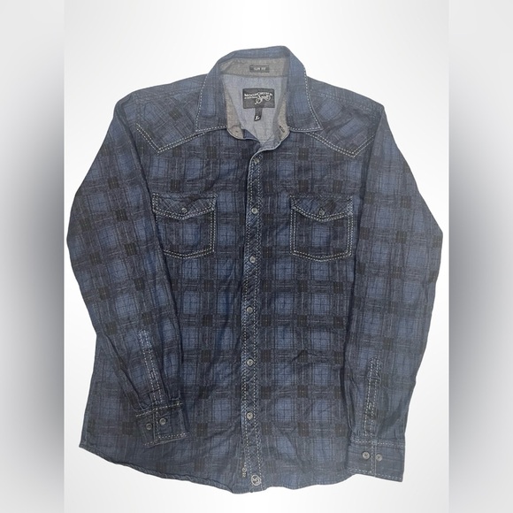 Moonshine spirit plaid, blue, and black with white stitching, size large - Picture 1 of 4